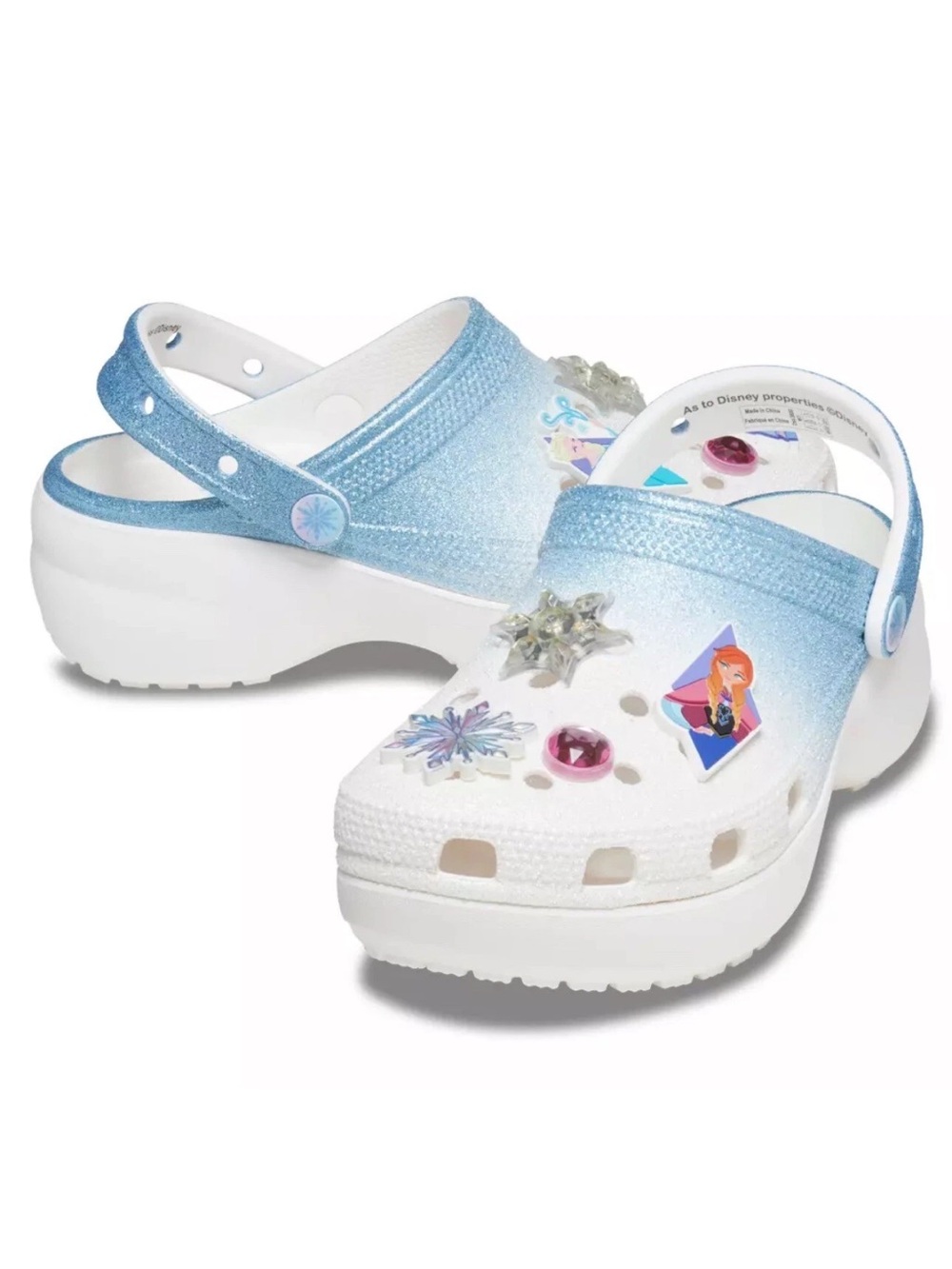 Disney Frozen Crocs Platform Glitter Ombré Clogs Women's Size 7 White & Blue